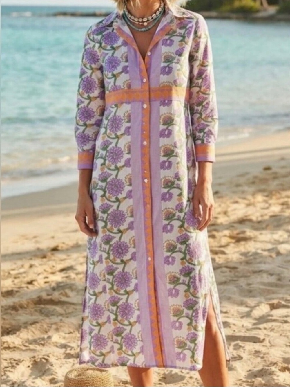 Calypso St. Barth Lavender Floral Border Print Cotton Maxi Shirt Dress L NWT
